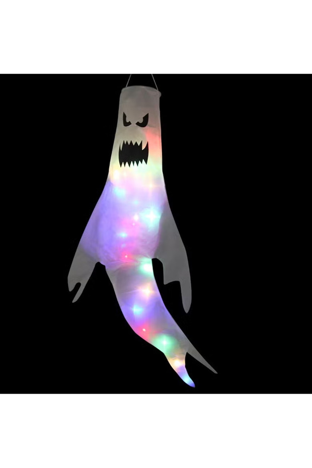 (eb31)Halloween Hanging Ghost Windsock with LED Color Lights, Scary White Ghost Wind Sock Flag, Outdoor Yard Porch Tree Halloween Party Decoration