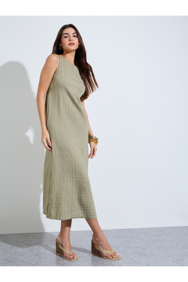 Green Striped Sleeveless A-Line Midi Dress