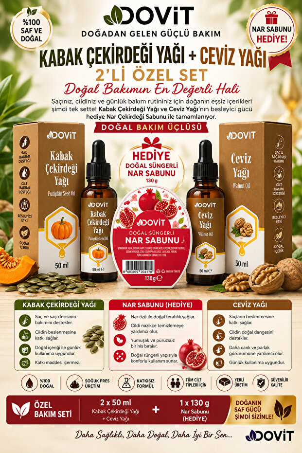 Pumpkin Seed Oil 50 ml + Walnut Oil 50 ml Dual Natural Care Set – Pomegranate Soap 130 g Gift