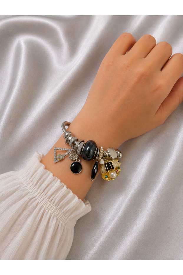 Women's Charm Detailed Steel Handcuff Bracelet