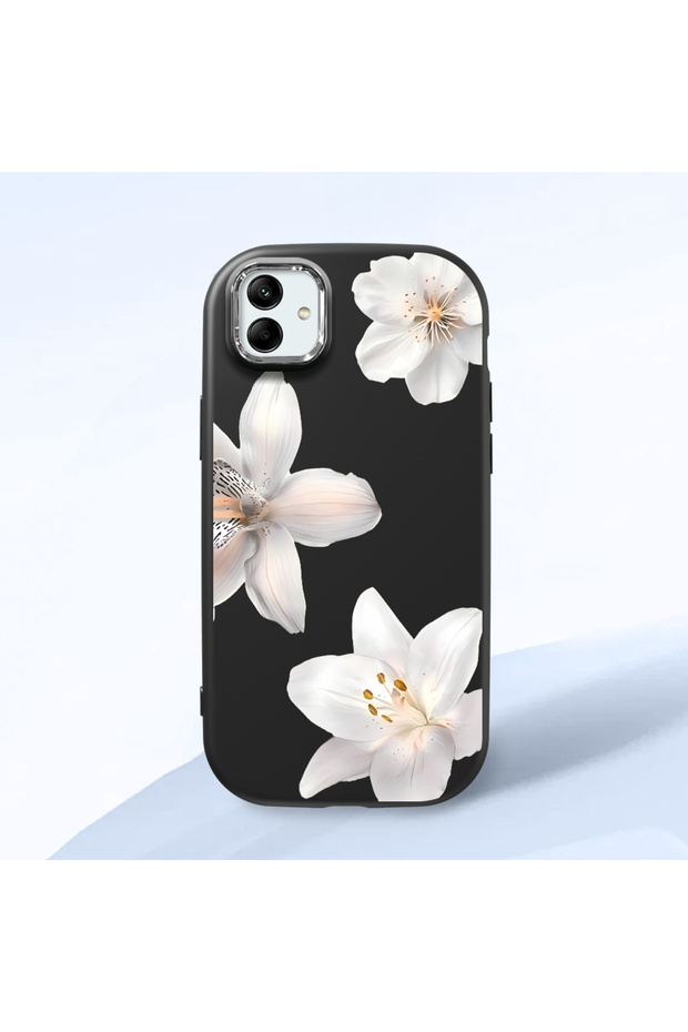 Samsung Galaxy A04 Compatible Case Camera Protector Black Silicone Couple Phone Case with Floral Pattern