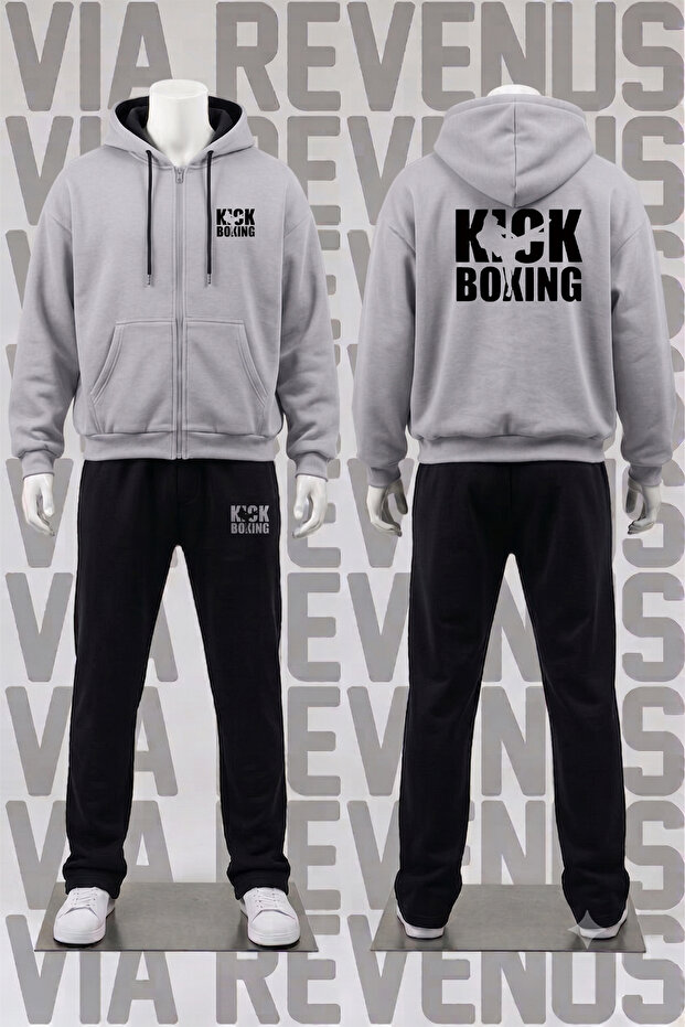 Kickboxing Printed Zip-Up Hooded Tracksuit Set - Relaxed Fit 3-Thread Zip-Up Sweatshirt and Sweatpants Set