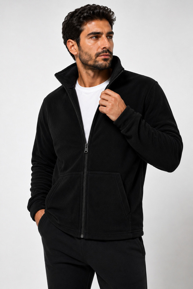 Men's Fleece Cold-Proof Full Zipper Jacket with Kangaroo Pocket, Soft Stand Collar, Casual Use, Comfortable Fit