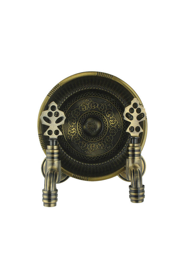 Antique Yellow Tumbled Brass Decorative Kurna with Hammam Stone and Double Bubbler, Hammam Ottoman Faucet (2 Faucets 1 Hammam Stone)