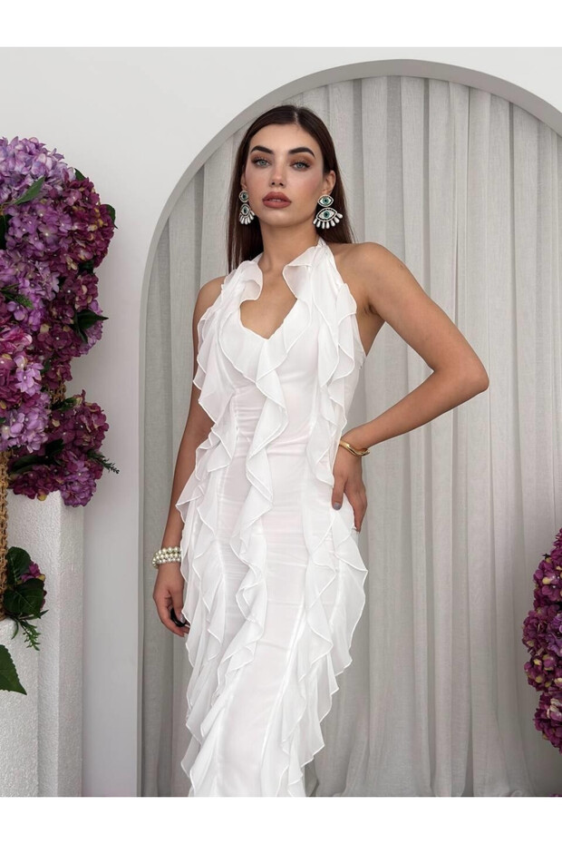 Women's White Midi Dress V-Neck Flounced Chiffon Sleeveless Event Dress