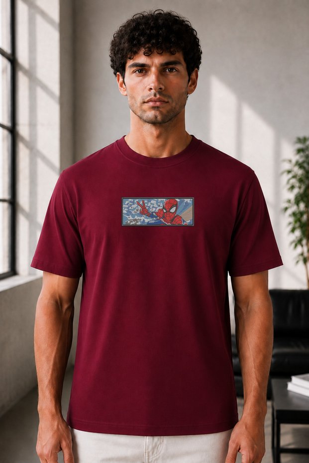 Unisex Oversize Embroidered Spider-Man Rectangular Design 100% Cotton T-Shirt
