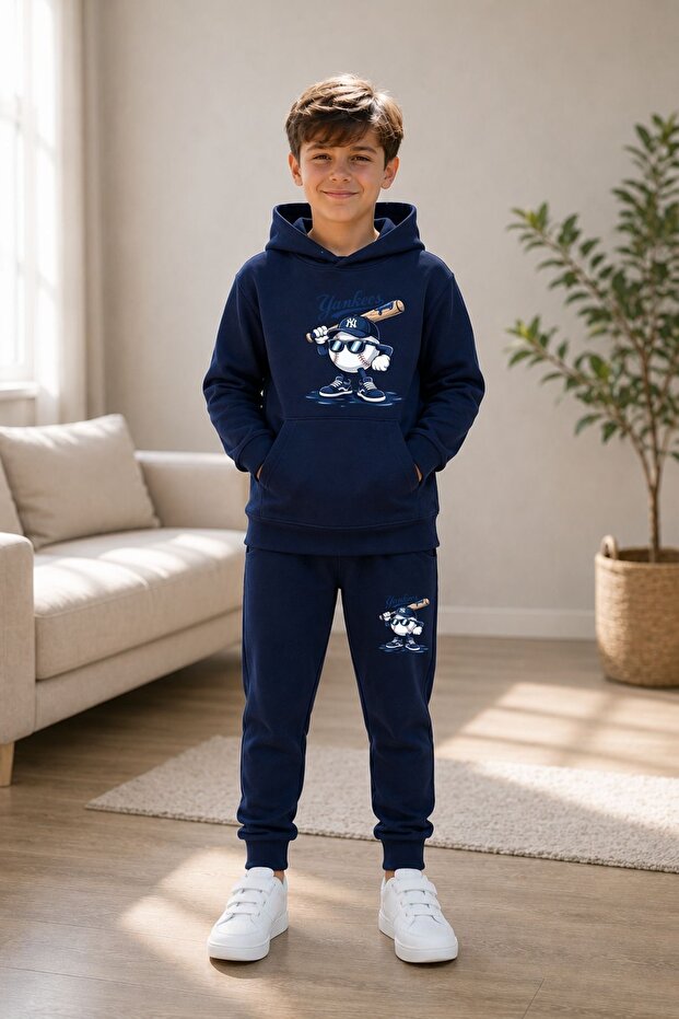 Busekids Printed Hooded Unisex Tracksuit Set with Kangaroo Pocket
