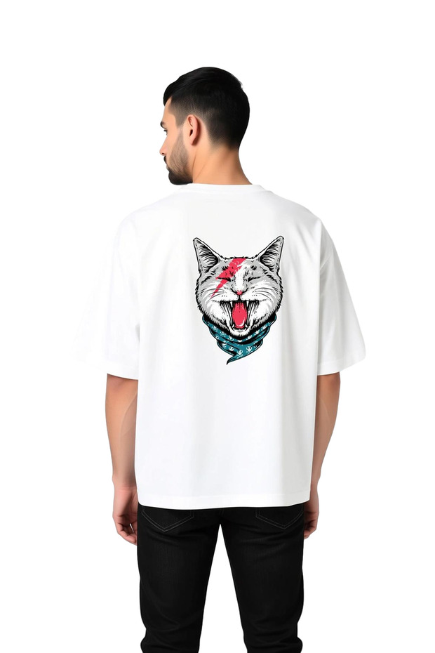 Men's Oversize T-Shirt Cat Bandana Lightning Printed Relaxed Fit Casual Wear Modern Stylish Comfortable Elegant