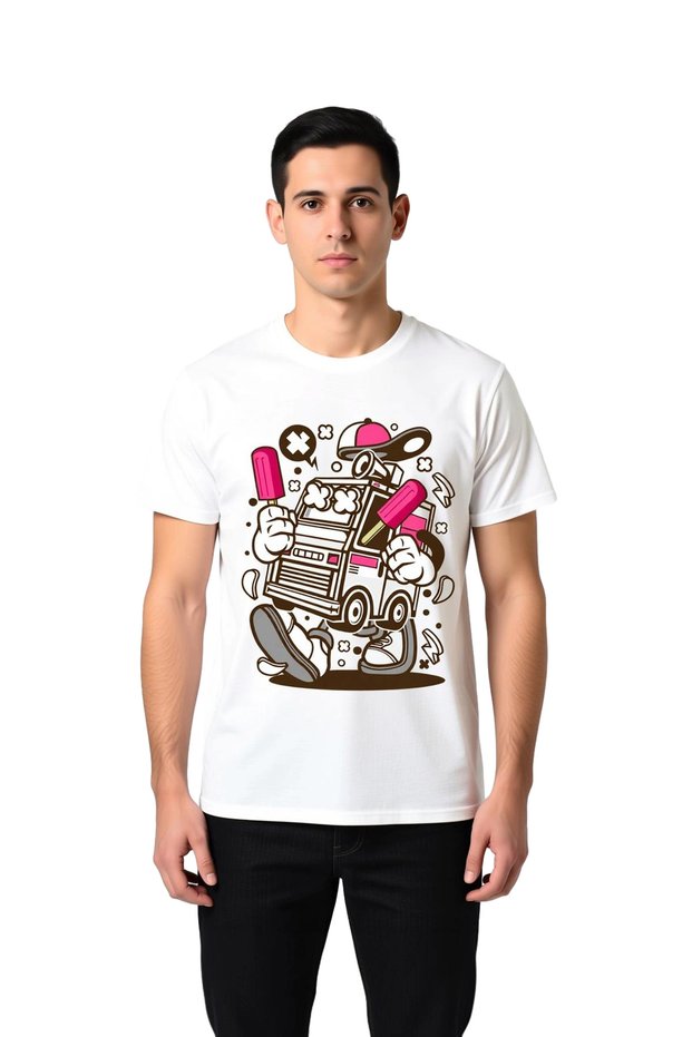 Men's Ice Cream Handle Retro Robot Printed T-Shirt 100% Cotton Relaxed Fit Casual Wear Modern Stylish Elegant