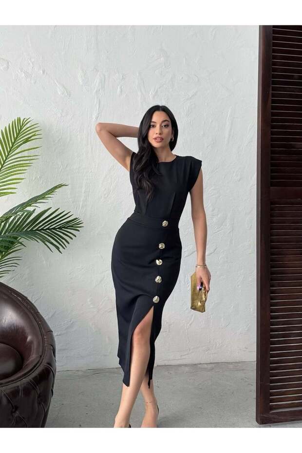 Women's Black Midi Dress with Crew Neck, Shoulder Detail, Buttoned Slit, Fitted