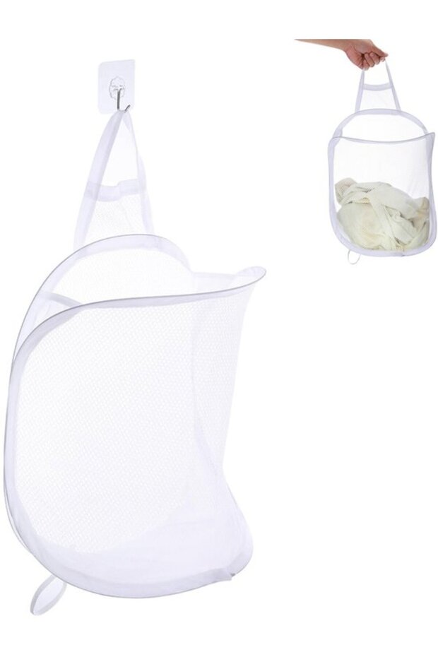 White hanging laundry basket with mesh