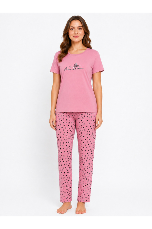 Women's Summer Short Sleeve Awesome Pink Pajama Set