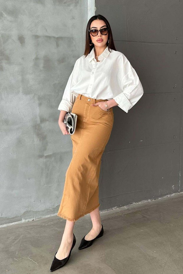 Women's Camel Midi High Waist Slit Tassel Detailed Gabardine Skirt