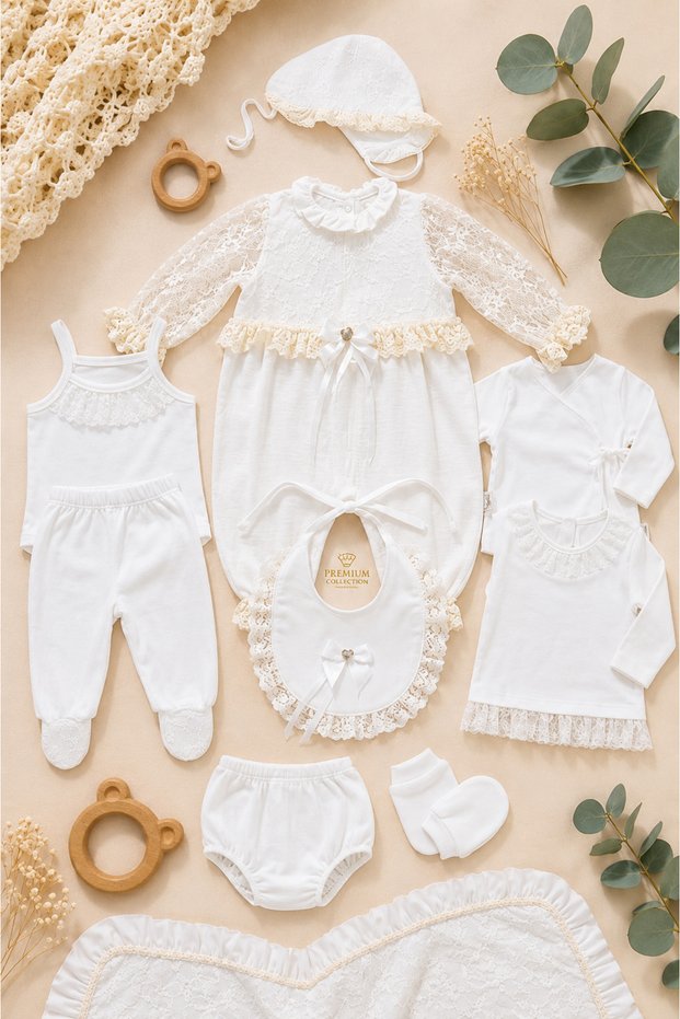Premium Quality Lace Detailed Newborn Baby Girl Gift Boxed Hospital Release Set of 10 15492