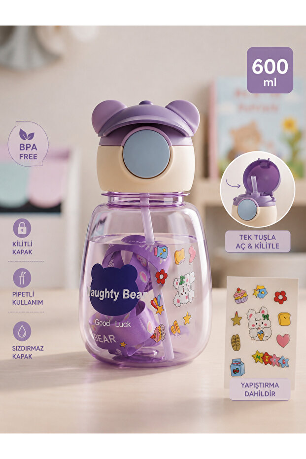 600 ml Children's Water Bottle with Straw | Lockable Lid and Stickered Water Bottle
