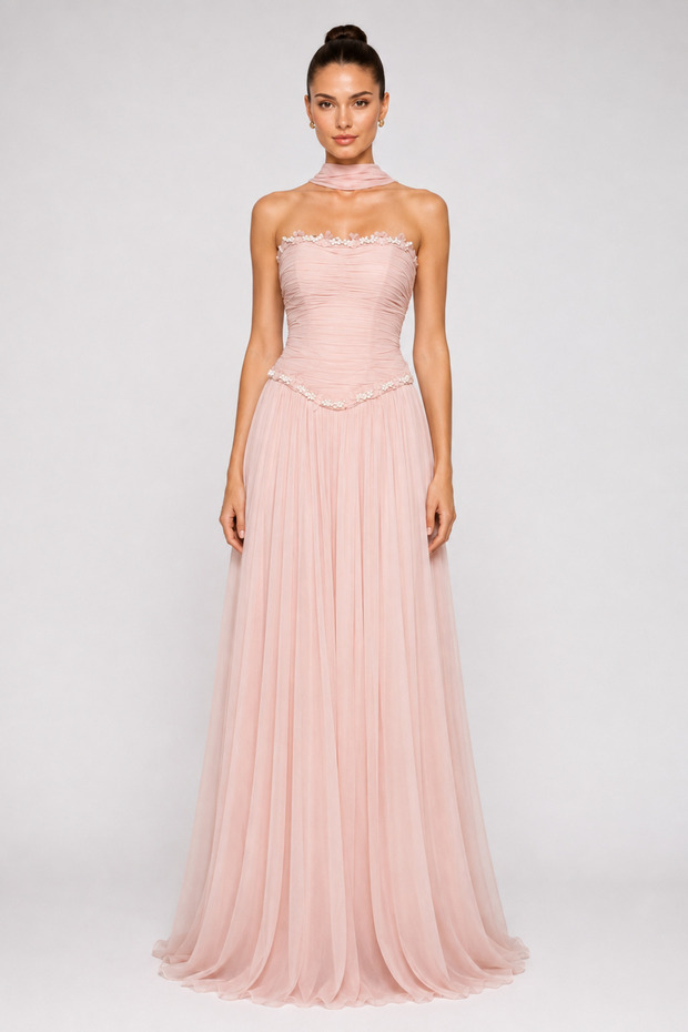 Strapless Stone Embroidered Evening Dress