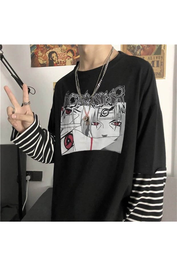 Mi̇ngalondon Touz Anime Itachi Uchiha Graffiti Logo Striped Sleeves Unisex T-Shirt