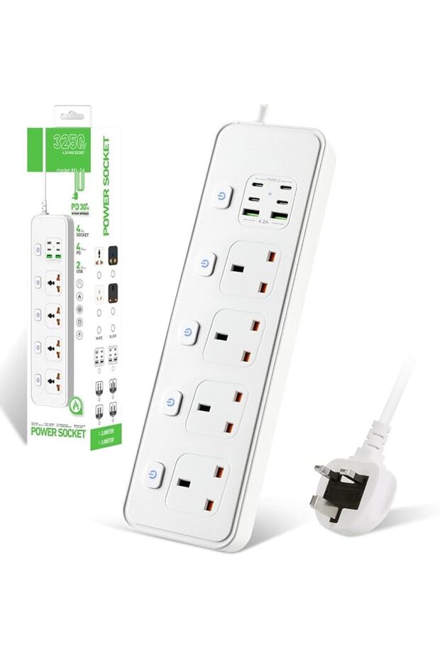 شريط طاقة عالمي من أترومانز مع منفذين USB A و4 منافذ USB C، سلك تمديد طاقة 4 اتجاهات بطول 2 متر، 5 منافذ فردية.
