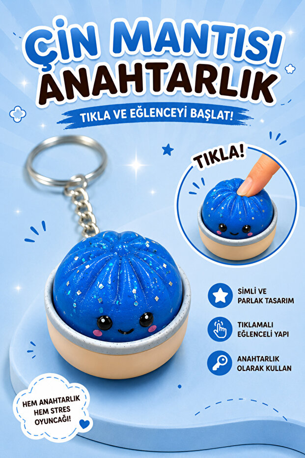 Glittery Chinese Dumpling Keychain and Stress Toy – Blue