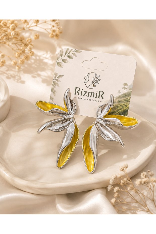 Silver Color Women's Earrings with Yellow Detailed Leaf Design