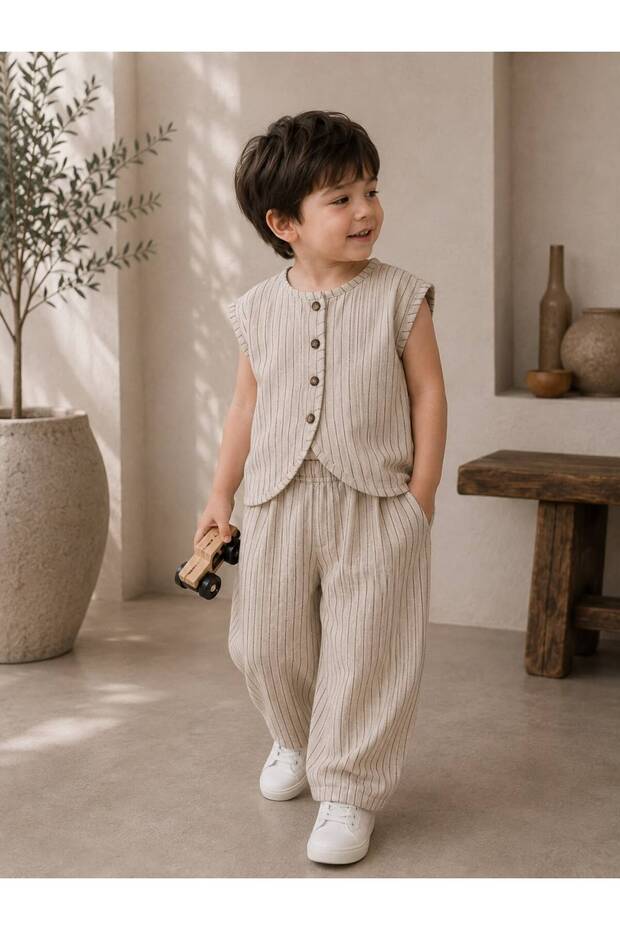 Boy's Brown Striped Vest 2-Piece Set