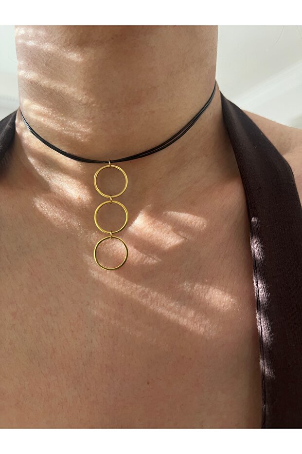 Leather Steel Pendant Ring Choker