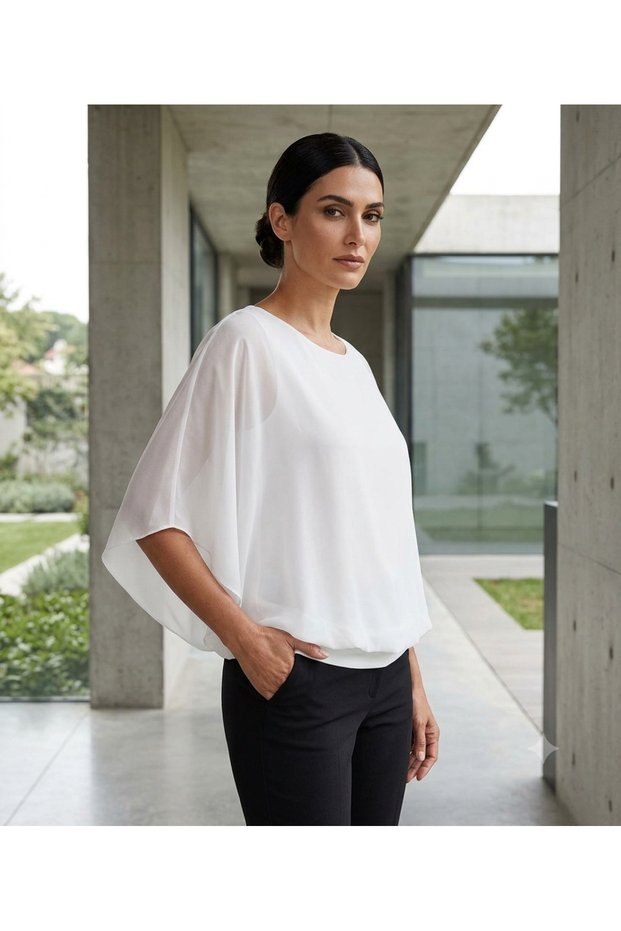 Cape Sleeve, Hem Band, Round Neck, Chiffon Lined, White Flowy Blouse