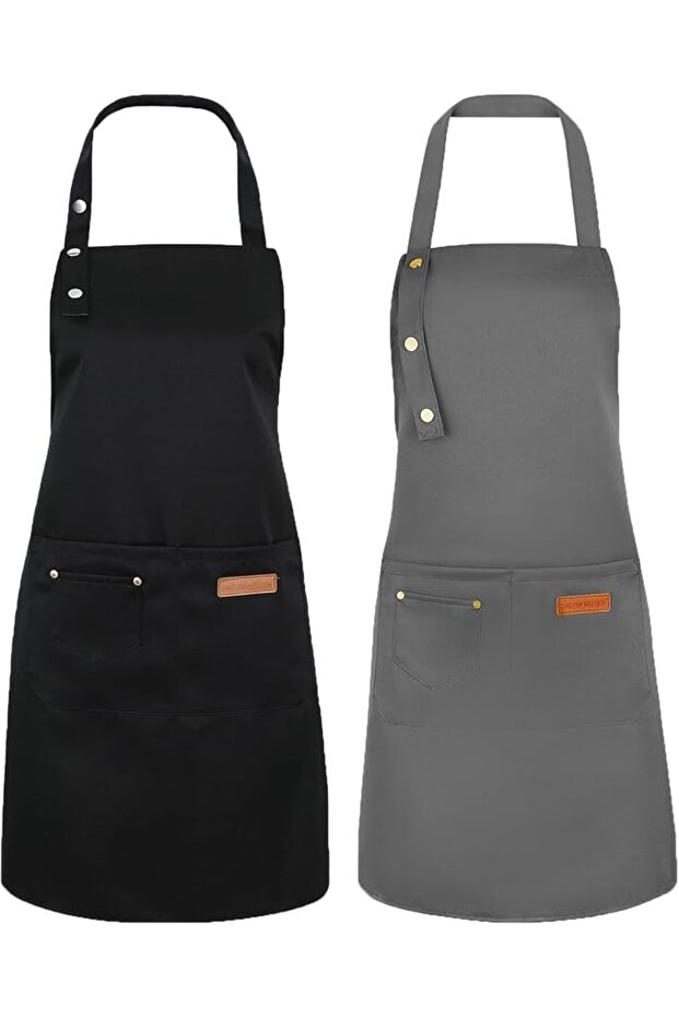 2 Pack Kitchen Apron with Pockets for Men Women, Waterproof Canvas Chef Cooking Apron Grey