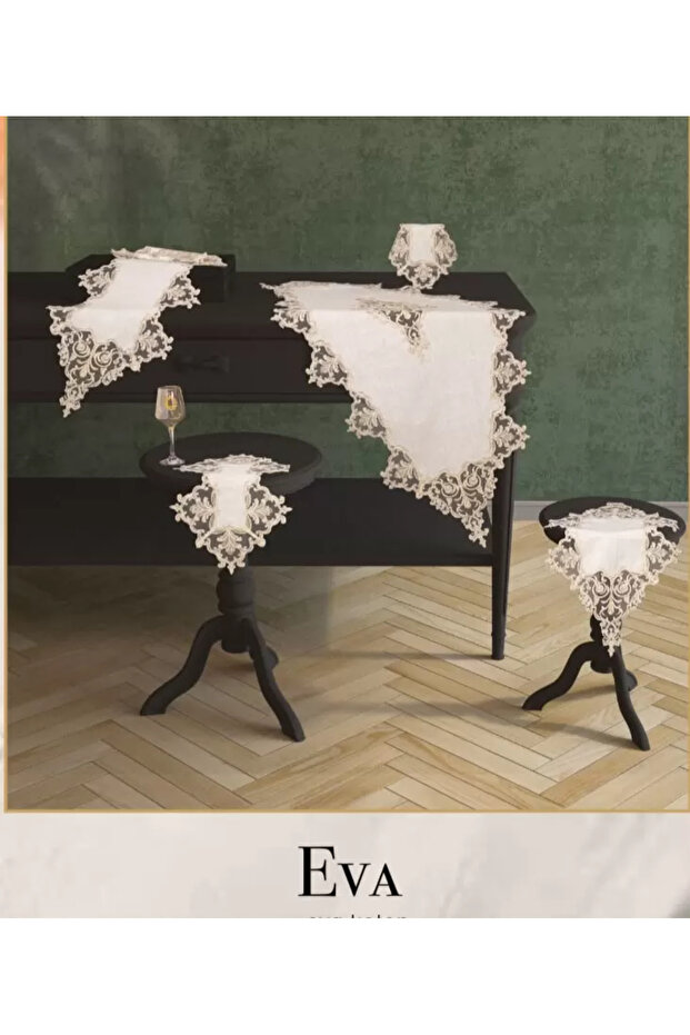 Eva Model Cream-Cream 5 Piece Linen Lace Living Room Set Runner Set