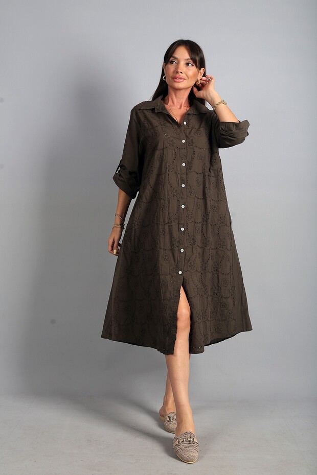 Women's Italian Cotton Pocket Embossed Floral Embroidery Oversize Long Dress