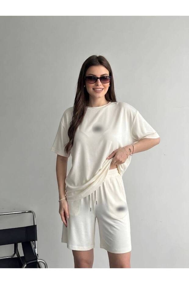 Muadil Crew Neck Short Sleeve White Tracksuit Set with Shorts