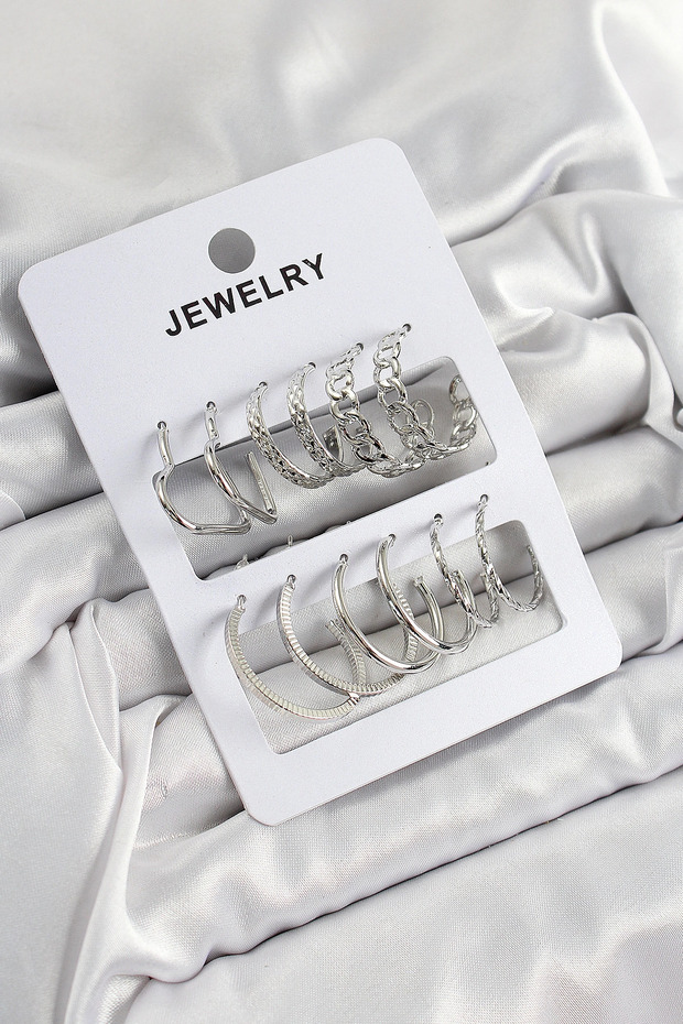 Brass Mixed Ring Model Silver Color 6 Pairs Women's Earrings Set