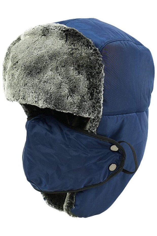 Faux fur aviator hat navy earflap face shield 55-60cm ski.