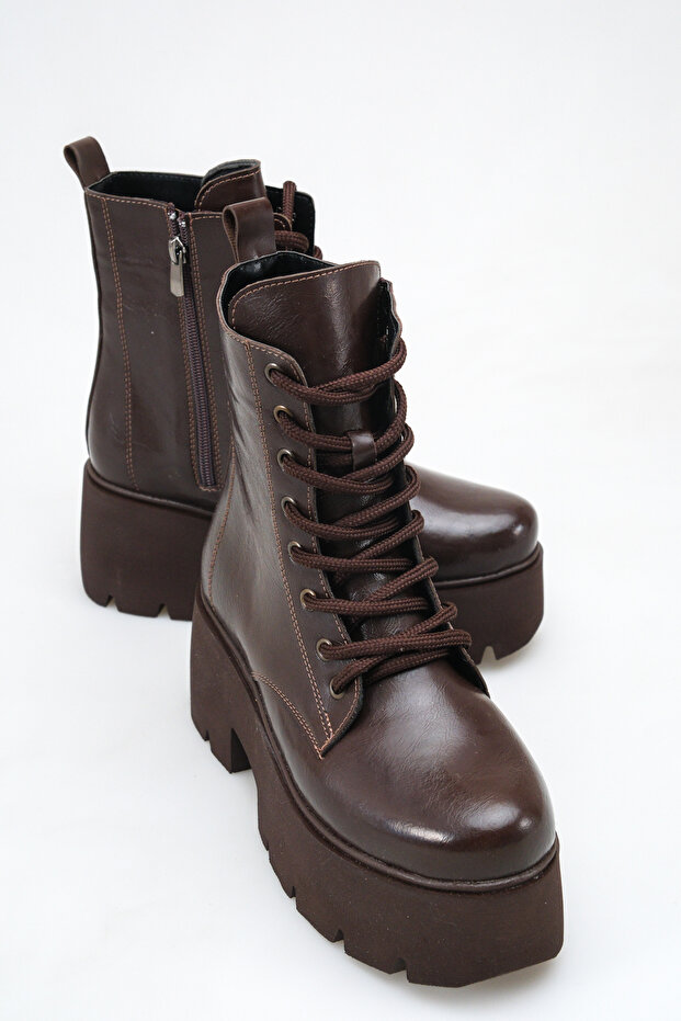 Belavelle Brown Patent Leather Women's Daily High-Top Lace-Up Zippered Boots