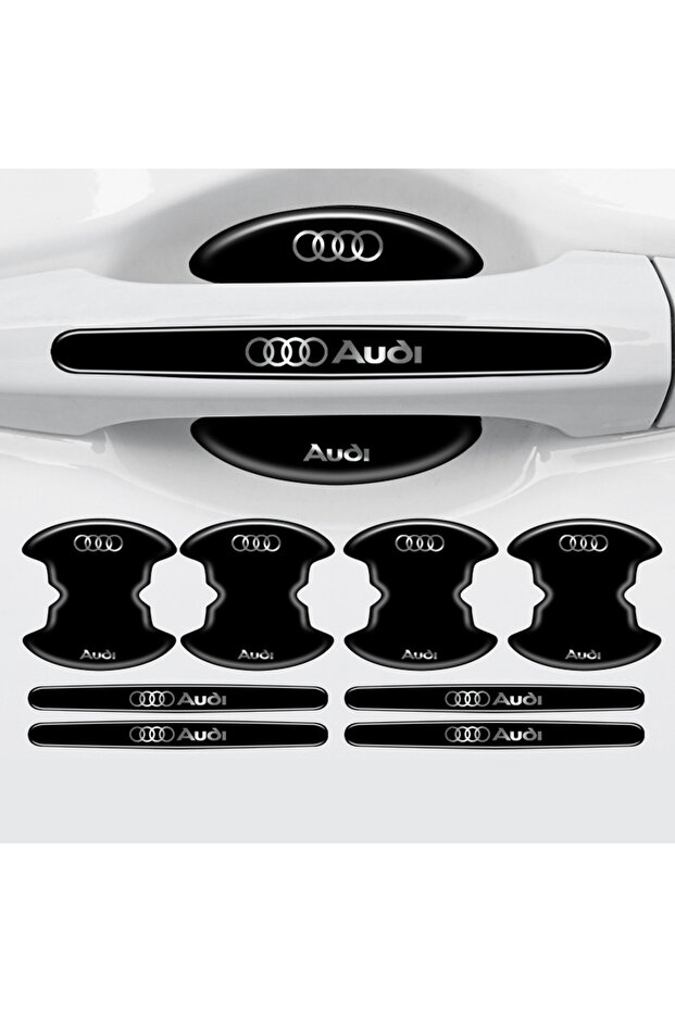 Premium Door Handle Anti-Scratch Protector (Set of 8) – Black & Transparent / with Vehicle Brand Label Audi Compatible Accessory