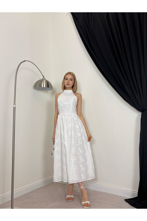 Women's White Halter Neck Floral Embroidered Flared Midi Dress