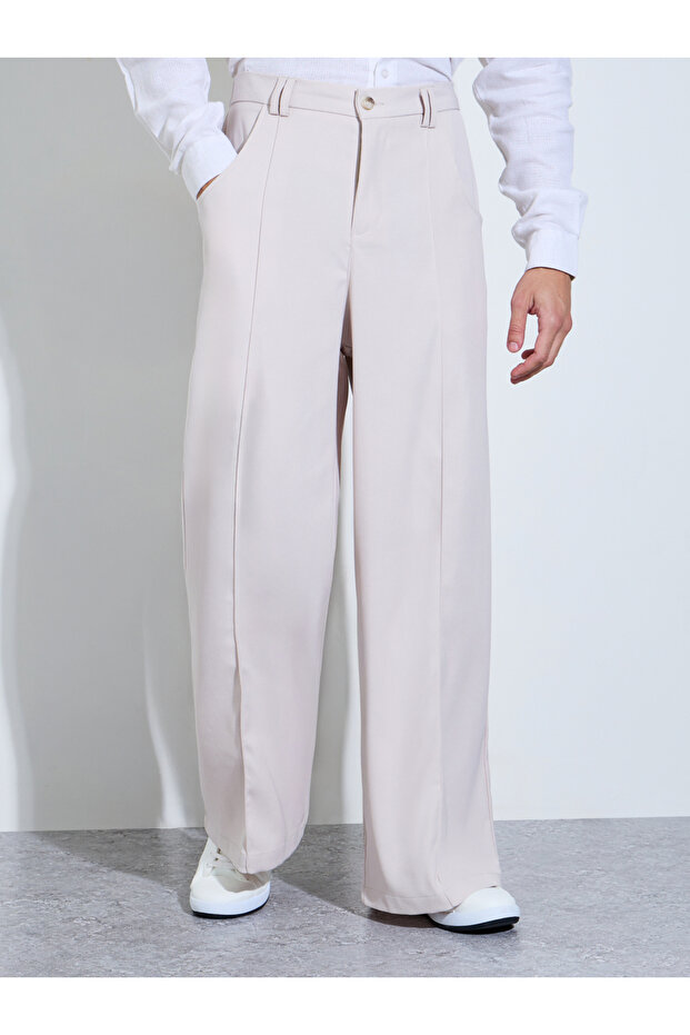 Cream Wide Leg Trousers with Center Seam