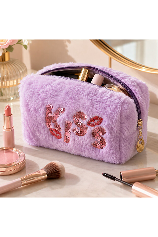 Plush Pen Holder and Makeup Bag Zippered Multi-Purpose Organizer Bag Lilac