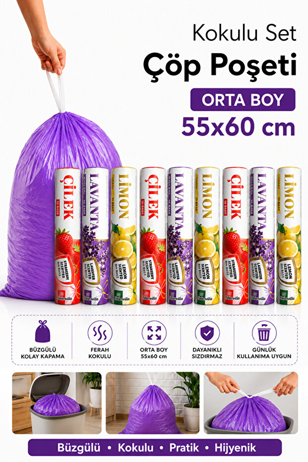 Medium Size 55X60 Mixed Scented Drawstring Garbage Bag 90 Pieces (9 Packs) Garbage Bag 40 Liters Strawberry-Lavender