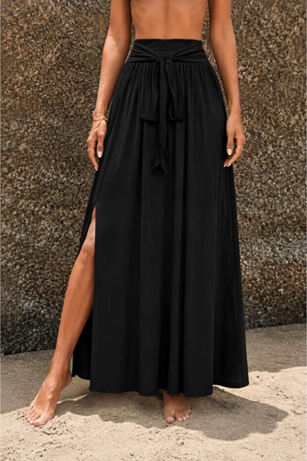 Women's High Waist Belted Long Sandy Skirt with Side Slits