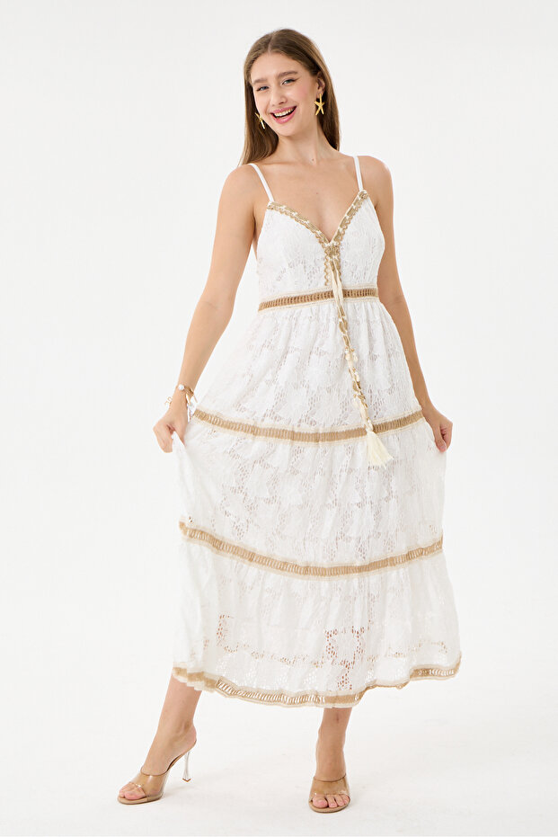 White Lace Dress with Elastic Back and Ribbon Detail, Lined, Long Strap, Sizes 38 - 42