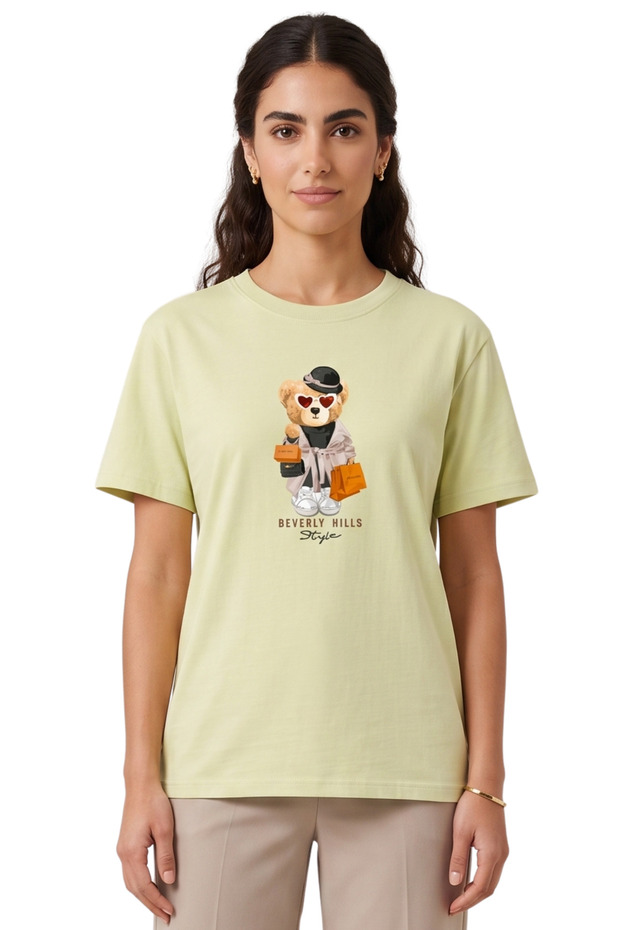 Women's Yellow Beverly Hills Teddy Bear Printed T-Shirt 100% Cotton Comfortable Fit