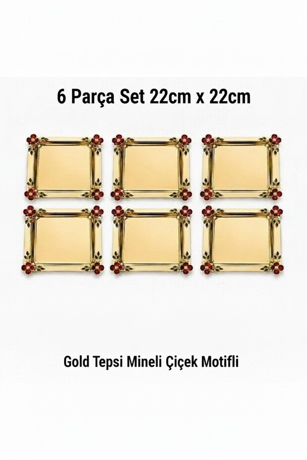 Luxury Flower Detailed Square Presentation Tray 22X22 cm Stainless Steel Coffee Turkish Delight Tray