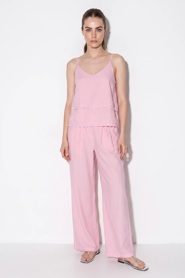 Women's Thin Strap Lace Detailed Blouse Elastic Waist Pocket Detailed Trousers Linen Pink Set