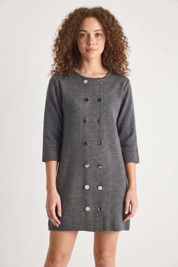 Women's Crew Neck Button Detailed Knitwear Gray Melange Dress