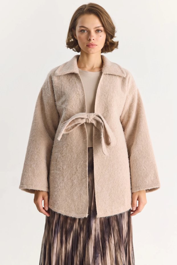 Women's Shirt Collar Tie Detail Washed Cashmere Beige Coat