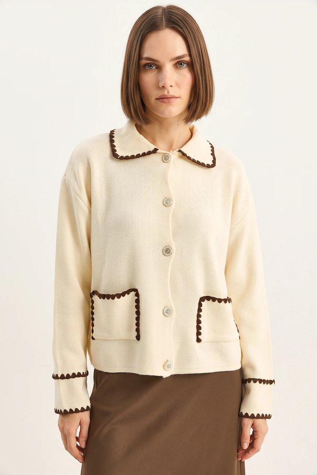Women's Polo Collar Pocket Detailed Shepherd Stitched Knitwear Cream Cardigan