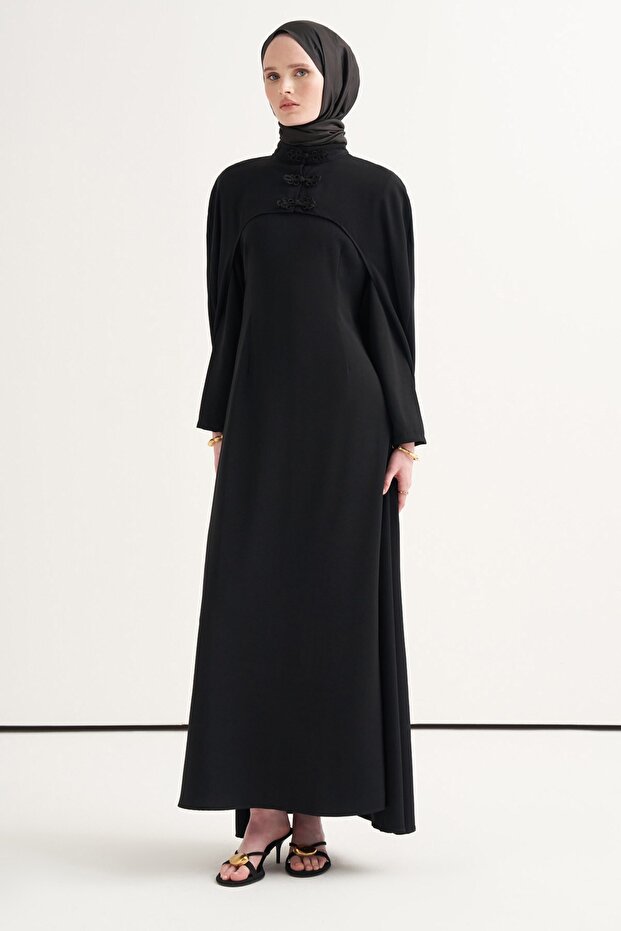 Chinese Buttoned Kaftan Dress Black