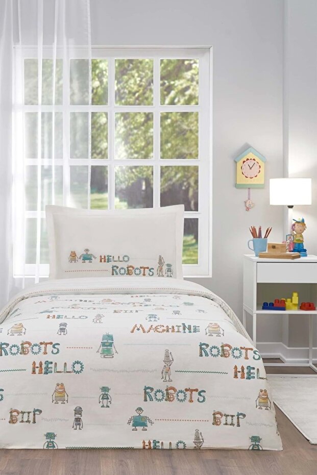 Ranforce -Hello Robots Blue- Single Child Duvet Cover Set with Elastic Sheets