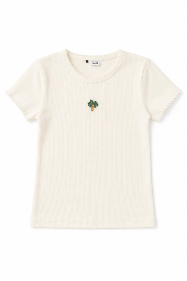 Girl's Palm Stone Embroidered Ribbed T-Shirt White